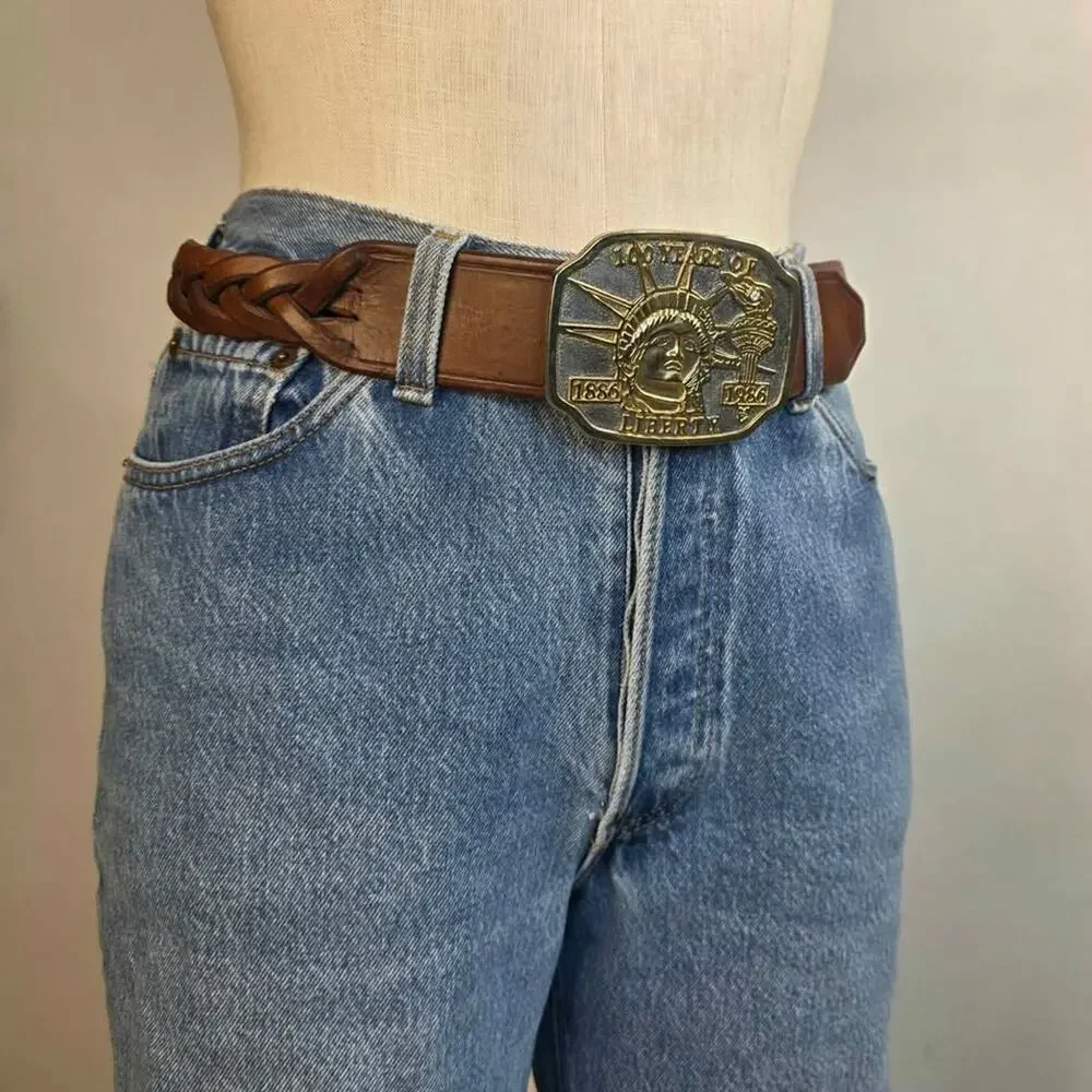 Vintage Statue of Liberty Belt Brown Leather Braided Western 80s